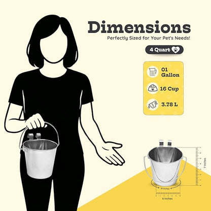 4 Quart Stainless Steel Flat Sided Bucket with Dual Hooks | 1 gal Durable Food & Water Bowl for XL Dogs, Cats, Goat & Livestock | Fits kennel Cage Critter Crate | Hanging Utility Pet Pail