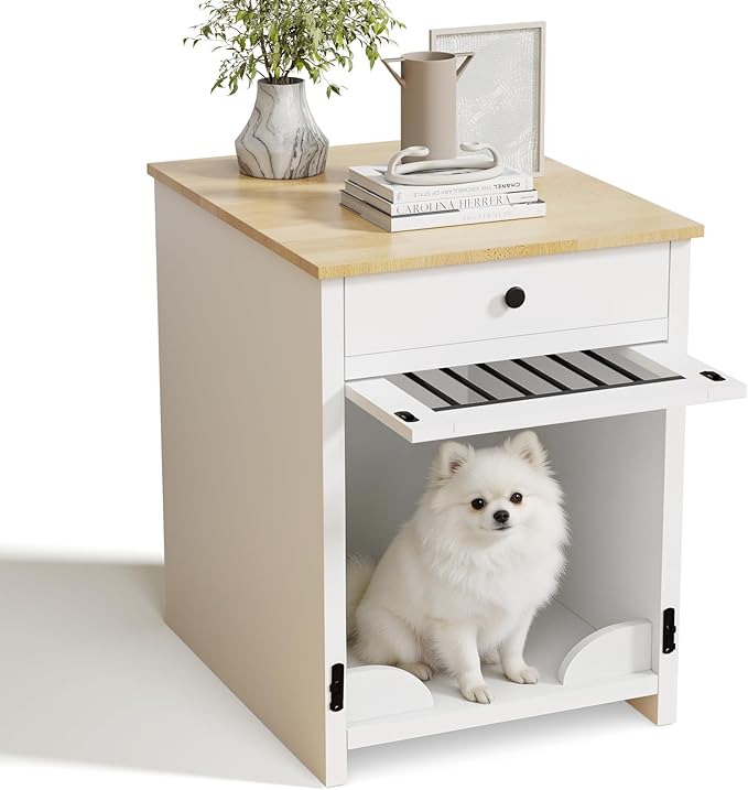 Small Dog Crate Furniture with Drawer, Wooden Pet Kennel End Table for Small Dogs, Furniture Style Indoor Dog House, Decorative White Dog Cage Nightstand, Side Table with Metal Bars & Secure Lock
