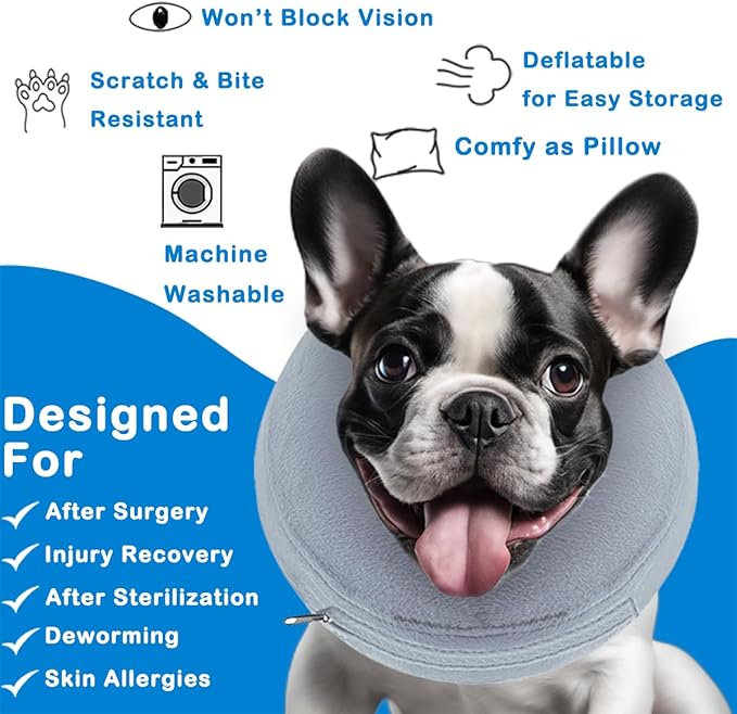 Dog Cone Collar (XL Size), Soft Blow-up Protective Recovery Collar, Pet Donut Cone, Comfy Elizabethan E-Collar After Surgery for Large Dog to Prevent Scratching, Grey