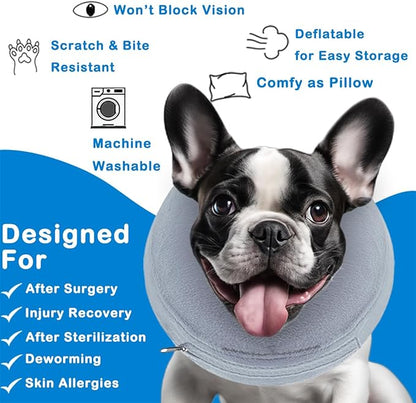 Inflatable Dog Cone Collar (L Size), Soft Dog Cone Blow-up Protective Recovery Collar, Pet Donut Collar, Comfy E-Collar After Surgery for Medium Large Dog to Prevent Biting Licking, Grey