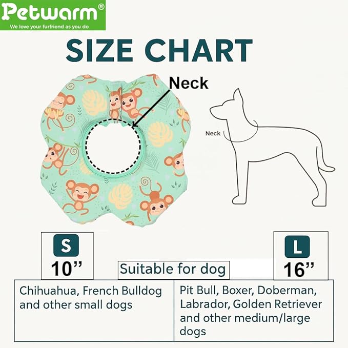PetWarm Recovery Collar for Dogs, Dog Recovery Collar, Lightweight Pet Neck Protector with Memory Foam Padding, Gentle No-Lick Flower Design for Calm Rest and Travel, Monkey Print, Green, L