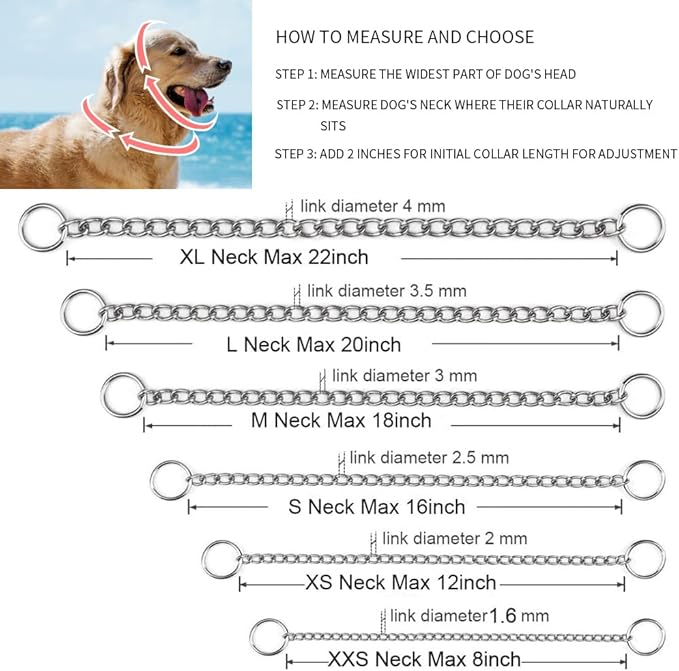 Silver Choke Collar for Large Dogs, Metal Slip Chain Collars Heavy Duty Training Martingale Collars for Small Medium Large Breed Pets, L