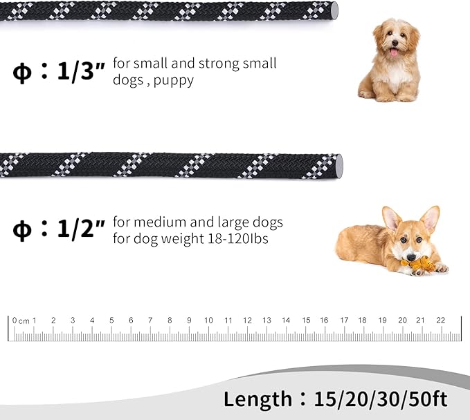 Long Dog Leash for Training 15Ft-Reflective Nylon Rope with Swivel Hook-Recall Agility Lead for Large Small Medium Dogs Outside Walking Hiking-Black Diam 1/2"