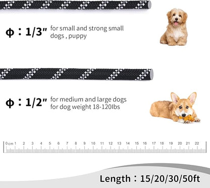 Long Dog Leash for Training 30Ft-Reflective Nylon Rope with Swivel Hook-Recall Agility Lead for Large Small Medium Dogs Outside Walking Hiking-Black Diam 1/2"