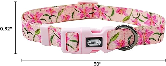 Dog Collar Leash Set, Floral Pattern, Polyester Material, Adjustable Collar and 5ft Matchcing Leash, for Large Dogs.(L, Pink Lily)