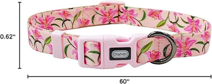 Dog Collar Leash Set, Floral Pattern, Polyester Material, Adjustable Collar and 5ft Matchcing Leash, for Large Dogs.(L, Pink Lily)