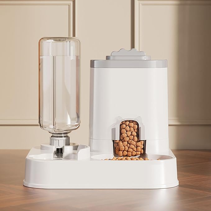 Automatic Dog Cat Feeder and Water Dispenser Combo, 10L Large Capacity Pet Food and Water Station with Integrated Bowl for Multiple Pets (Gray)