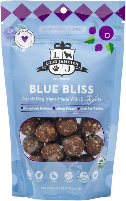 Lord Jameson: Blue Bliss 6 oz - Dog Patisserie Treats, Organic, Soft & Chewy No-Bake, Blueberry Antioxidant Rich Bites, Gluten & Preservative Free