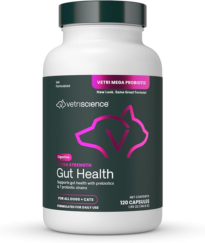 VetriScience Extra Strength Gut Health Easy-Open Capsules, Mega Probiotic and Prebiotic Digestive Supplement for Dogs and Cats, for Diarrhea and Immune Support, 7.5 Billion CFU Per Capsule, 120 Count