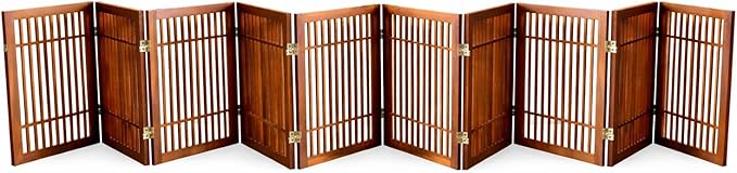 Urnporium Freestanding Wooden Dog Gate Foldable Indoor Pet Gate No Drill Expandable Barrier for Doorways Stairs Hallway Portable Wood Fence for Small Dogs & Puppies (Brown Pet Gate, 10 Panel 24" Tall)