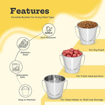 9 quart Heavy Duty Stainless Steel Round Bucket with Handle 2Pcs | 2.25gal Sturdy Food & Water Bowl for XL Dog Goat Sheep Horse & Livestock | Fits kennel Crate Farm | Hanging Utility Pail