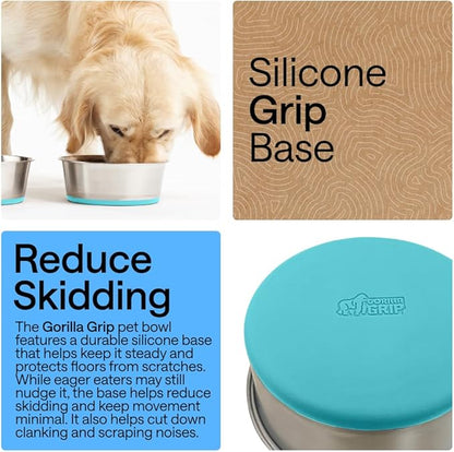 GORILLA GRIP Dog Bowls, Food Grade 304 Stainless Steel, Holds 1 Cup Each (8 fl oz) Food and Water Bowl for Feeding Dogs and Cats, Dishwasher Safe Rust Resistant BPA Free Rubber Base Set of 2 Turquoise