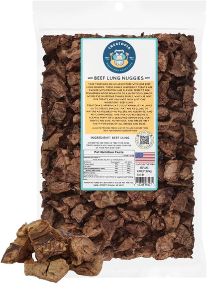 TREATOPIA Beef Lung Nuggies Dog Treats, 1 LB Bag - All-Natural, Sustainable, Healthy, High Protein, Hand-Trimmed, Slow-Roasted, Made in The USA, Nutritious, No Additives, No Fillers