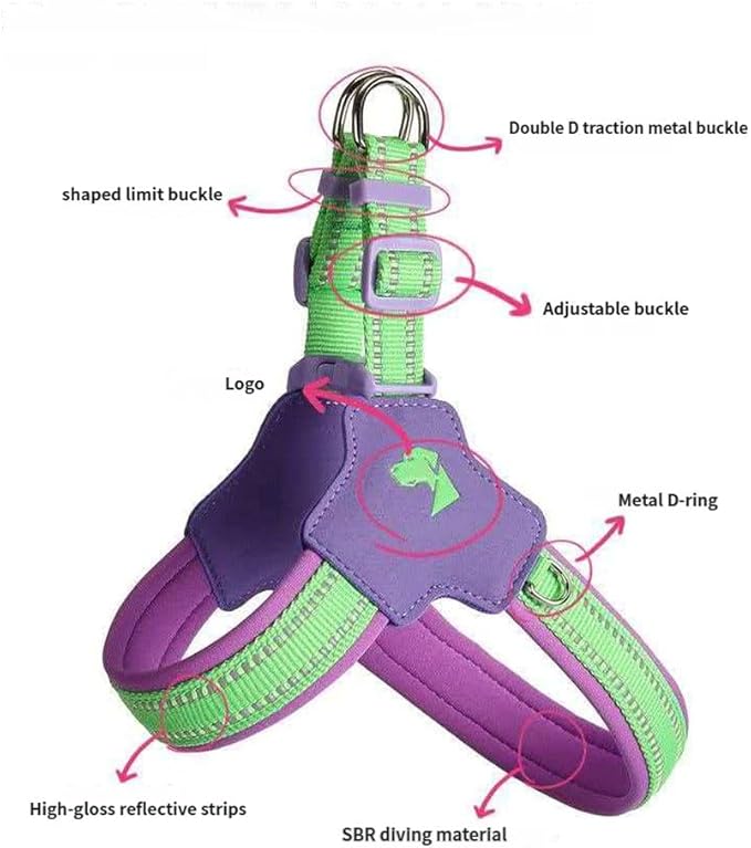 Reflective Dog Harness and Leash Set Designed for Collie, Anti-Pull Adjustable Pet Harness and Leash Purple S