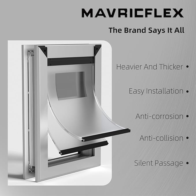 MAVRICFLEX Heavy Duty Dog Door for Large Dogs Up to 100LBS, Aluminum Frame Doggie Door with Double Sliding Panel and 2 Soft Flaps, Easy to Install, Large, Matte Silver