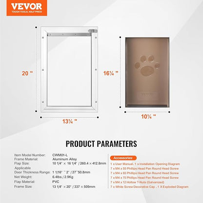 VEVOR Pet Door for Interior and Exterior Doors, Aluminum Frame, Metal Closing Panel and Lock, Strong and Durable Dog Door, Pet Door Suitable for Large Dogs (White-Large)