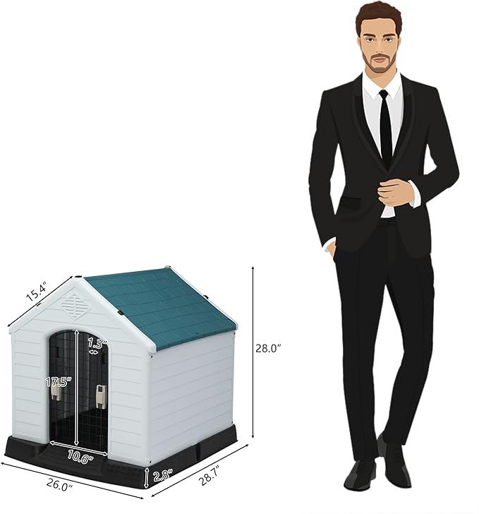Bonnlo Plastic Dog House, Pet Dog Kennel Water Resistant for Small Medium Sized Dogs with Door, Indoor & Outdoor Use (28" H)