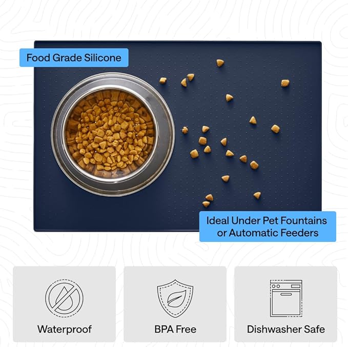 GORILLA GRIP 100% Waterproof Raised Edge BPA Free Silicone Pet Feeding Mat, Dog Cat Food Mats Contain Spills Protects Floors, Placemats for Cats and Dogs Water Bowl, Pets Accessories 18.5x11.5 Navy