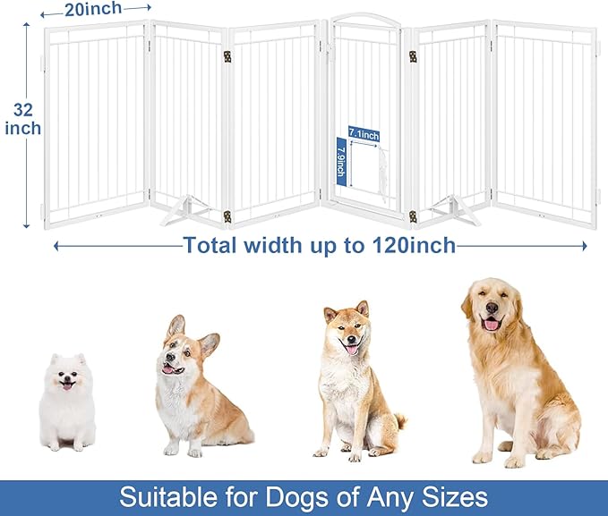 Metal Freestanding Dog Gate with Cat Door for Indoor&Outdoor,120" Extra Wide Foldable Pet Gate,32" Tall Foldable Indoor Dog Fence for Wide Openings Stairs,Deck,Yard,Doorways(6 Panels,White)