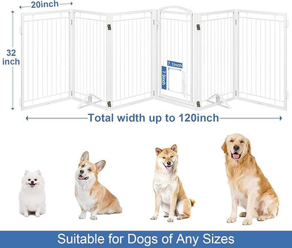 Metal Freestanding Dog Gate with Cat Door for Indoor&Outdoor,120" Extra Wide Foldable Pet Gate,32" Tall Foldable Indoor Dog Fence for Wide Openings Stairs,Deck,Yard,Doorways(6 Panels,White)