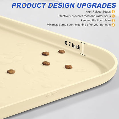 Silicone Pet Feeding Mat with Raised Edge for Food and Water, Dog Bowl Mats, Cat Bowls Placemat with High Lip for Floor Waterproof, Rubber Tray for Cats and Dogs 19 x 12 x 0.7 White Sand (Yellow Cast)