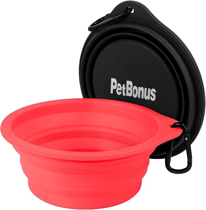PetBonus 2-Pack Large Silicone Collapsible Dog Bowls, 34oz/1000ml BPA Free Portable Foldable Travel Bowl for Pet Cat, Food Water Feeding Dish for Camping with 2 Carabiners (Black, Red)