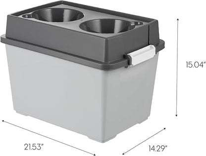 IRIS USA Elevated Dog Bowls, 15" H Raised Bowl for Large Dogs, Airtight Pet Food Storage Holds Up to 47 Lbs, 2 Removable 64 oz Stainless Steel Bowls, at Home or Camping, Dark Gray
