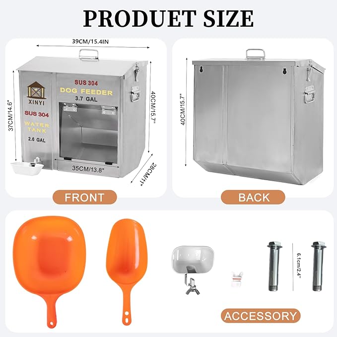 Xinyi Stainless Steel Dog Feeder and Waterer 2-in-1, Gravity Dog Feeder, Aluminum Alloy Water Cup, Automatic Feeder Waterpoof and Sturdy, Transparent Acrylic Observation Window, 3.7 Gallon