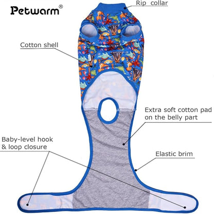 PetWarm Dog Recovery Substitute E-Collar Cone, Onesie for Dogs, Anti-Licking Dog Surgical Recovery Pajamas, Bodysuit for Abdominal Affected Areas Sensitive Skin Areas, Zoo Pattern, Blue, L