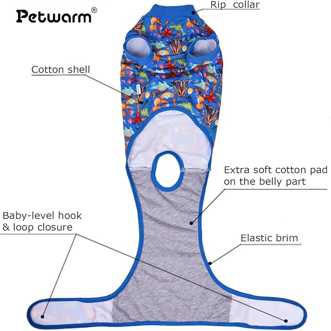 PetWarm Dog Protective Suit, Surgery Suit for Dogs, Onesie for Dogs, Anti-Licking Dog Surgical Recovery Pajamas, Bodysuit for Abdominal Affected Areas Sensitive Skin Areas, Zoo Pattern, Blue, M