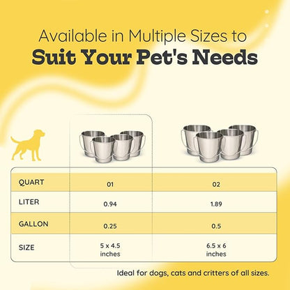 Heavy Duty Stainless Steel Dog Water Bucket with Handle, 1 Quart (0.25 Gallon) Round Pail for Small Dogs Cat Bird & Livestock, Fits Kennel & Farm, Hanging Utility Silver Pet Pails, 4 Pack