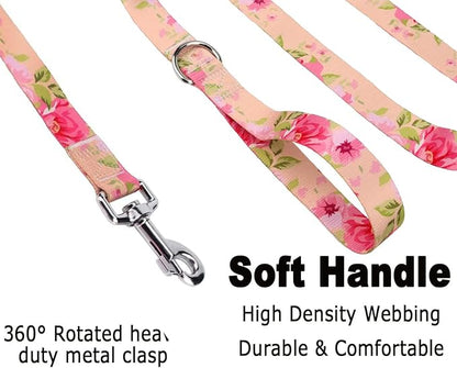 Mihqy Dog Collar and Leash Set with Bohemia Floral Tribal Geometric Patterns - Soft Ethnic Style Collar Adjustable for Small Medium Large Dogs(Pink Rose Set,M)