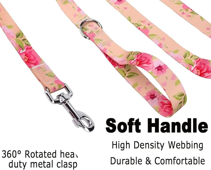 Mihqy Dog Collar and Leash Set with Bohemia Floral Tribal Geometric Patterns - Soft Ethnic Style Collar Adjustable for Small Medium Large Dogs(Pink Rose Set,XS)