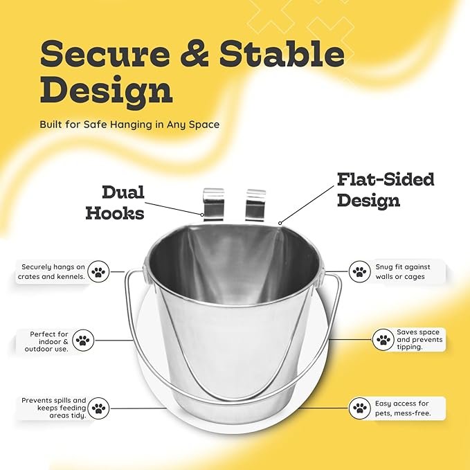 2 Quart Stainless Steel Flat Sided Bucket with Dual Hooks | 4 Pcs Durable Food & Water Bowl for Dog Cats Bird & Small Animals | Fits kennel Cage Crates Hanging Pet Pail | Multipurpose use