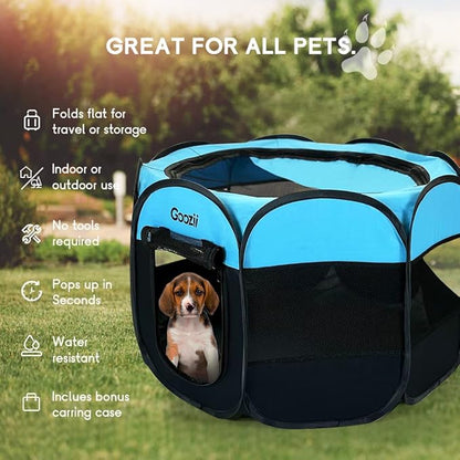 GOOZII Portable Dog Playpen Indoor Outdoor, Collapsible Pet Dog Playpen with Zipper Top Cover, Cat Puppy Bunny Kitten Exercise Play Pen Tent for Beach RV Car (Medium Size,Black Blue)