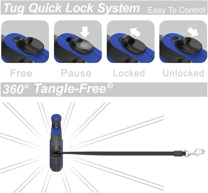 TUG Tiny 360° Tangle-Free Retractable Dog Leash with Anti-Slip Handle | 10 ft Nylon Tape | One-Handed Brake, Pause, Lock (Blue)