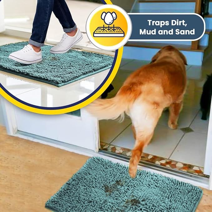Muddy Mat® | Super Absorbent Door Mat Indoor, Microfiber Quick Dry Chenille Entryway Rug, Non-Slip Front Door Mat, Indoor Mats for Entryway, Machine Washable Pet Rug, Seafoam Green 35"x24"