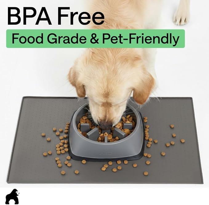 GORILLA GRIP 100% Waterproof Raised Edge BPA Free Silicone Pet Feeding Mat, Dog Cat Food Mats Contain Spills Protects Floors, Placemats for Cats and Dogs Water Bowl, Pets Accessories 32x24 Gray
