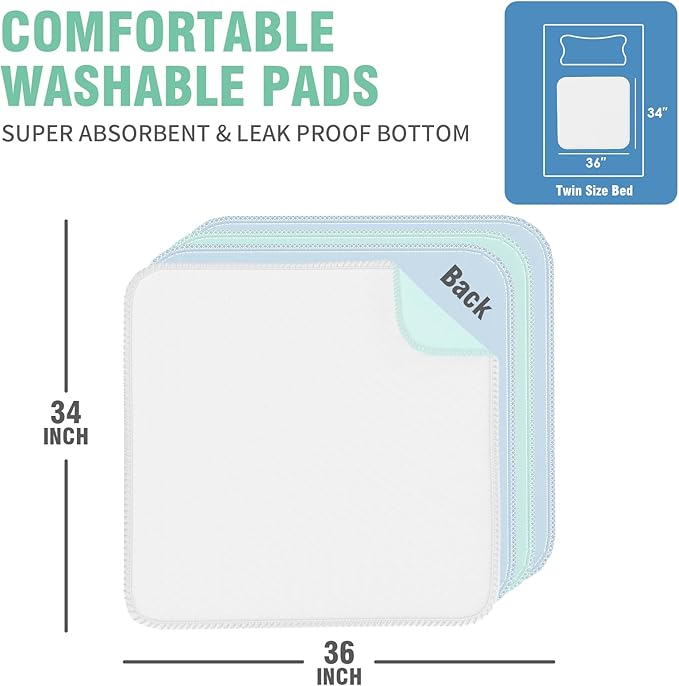 SCLOSE Washable Pee Pads for Dogs 4 Pack, 34" x 36" Waterproof Incontinence Bed Pads for Adults, Elderly and Kids, Nursing Pads, Chucks Pads, Super Asorbent Training Pads, Whelping Pads, Blue & Green