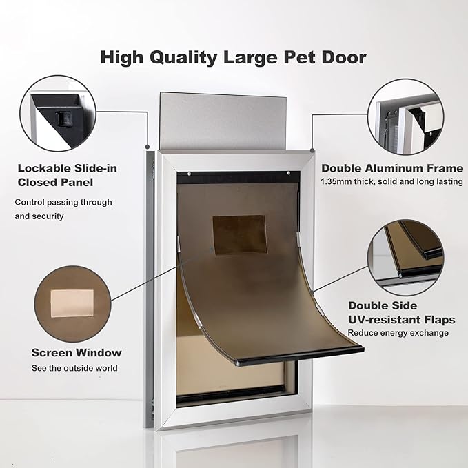 Giant Dog Door for Exterior Doors: Heavy Duty Aluminum Doggie Door, Extreme Weather Doggy Door for Large and Extra Large Dogs Up to 220 lbs, Dual Flap Insulated Dog Door, Lockable