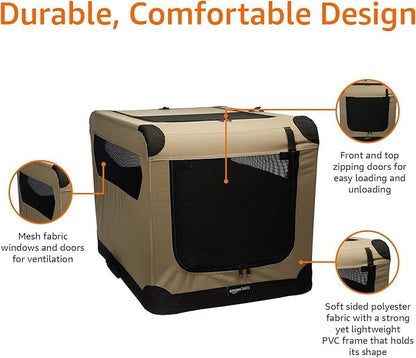 Amazon Basics Portable Folding Soft Dog Crate, Double Door, Collapsible Travel Kennel, Easy to Set Up, Sturdy, Secure, XL 42" x 31" x 31", Tan