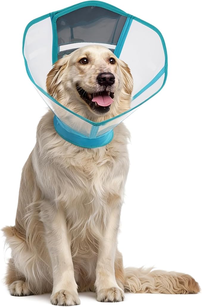 Foldable Dog Cone Collar - Adjustable Elizabethan Recovery Collar for Dogs After Surgery, Transparent Waterproof E-Collar to Stop Licking Wounds, Fits Small Medium Large Dogs, Blue, XL