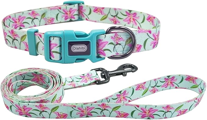 Dog Collar Leash Set, Floral Pattern, Polyester Material, Adjustable Collar and 5ft Matchcing Leash, for Large Dogs.(L, Green Lily)