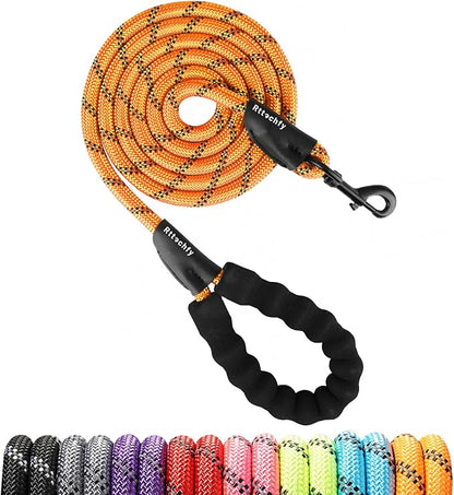 Rttochfy Rope Dog Leash 2/4/5/6/8/10 FT with Comfortable Padded Handle and Highly Reflective Threads for Small Medium and Large Dogs Heavy Duty (1/2"-10 FT, Orange)
