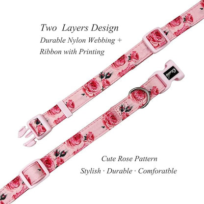 Dog Collar Leash Set, Floral Pattern, Nylon Webbing Plus Cotton Ribbon, 5ft Matching Leash, for Medium Dogs.(M, Pink Rose)