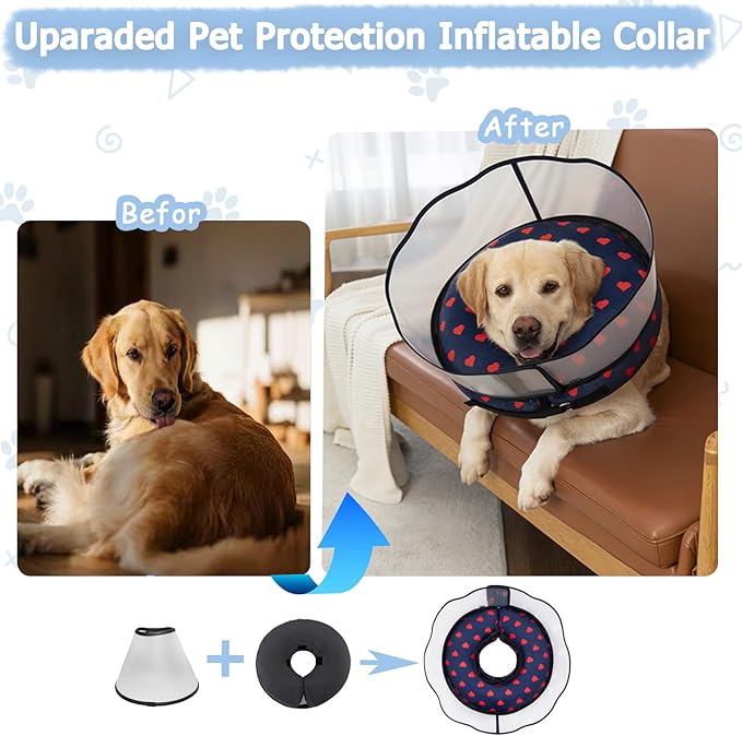 Inflatable Dog Cone Collar with Enhanced Anti-Licking Shield – Soft Adjustable Recovery Collar for Dogs & Cats After Surgery – Fits Large, Medium, Small Pets (Blue Love, Small)