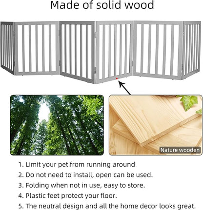 ZJSF Freestanding Indoor Dog Gate for House Foldable Wood Grey Puppy Gate for Doorways Pet Gate for Stairs Extra Wide Pet Fence 24" Height 6 Panels