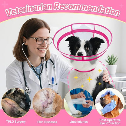Dog Cone to Stop Licking, Clear Recovery Collar with Detachable Zipper, Sturdy Elizabethan Collar for Large Medium Small Dogs, Soft Adjustable Cone After Surgery Patented, Hot Pink L