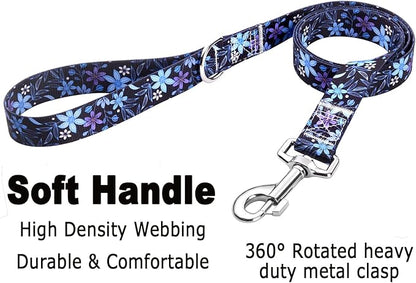Mihqy Dog Collar and Leash Set with Bohemia Floral Tribal Geometric Patterns - Soft Ethnic Style Collar Adjustable for Small Medium Large Dogs(Blue Floral Set,S)