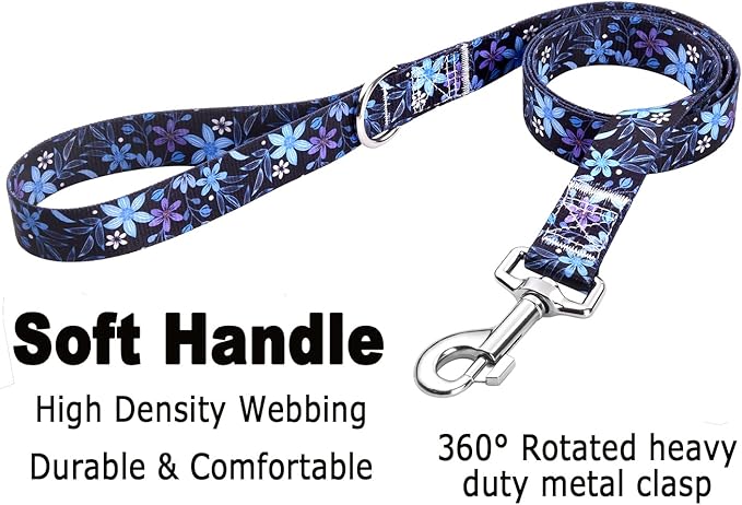Mihqy Dog Collar and Leash Set with Bohemia Floral Tribal Geometric Patterns - Soft Ethnic Style Collar Adjustable for Small Medium Large Dogs(Blue Floral Set,XS)